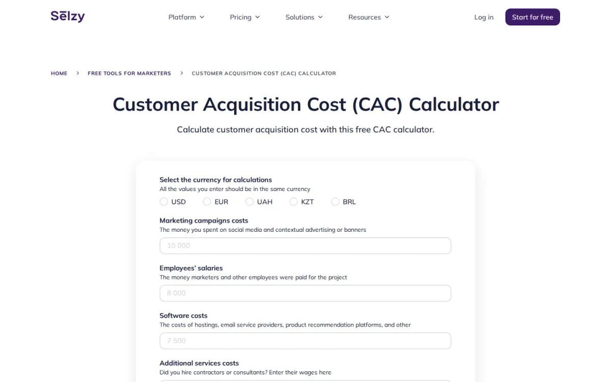 Selzy Customer Acquisition Cost (CAC) Calculator
