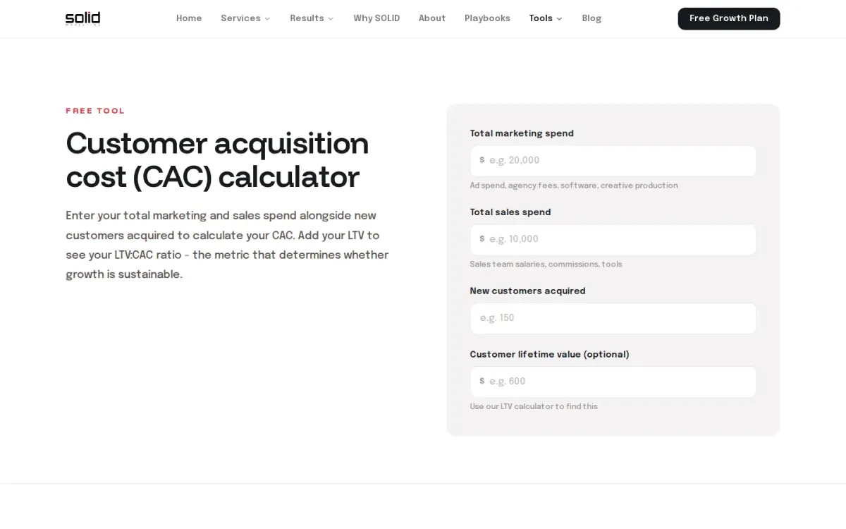 Solidhq CAC Cost Calculator for LTV:CAC Clarity