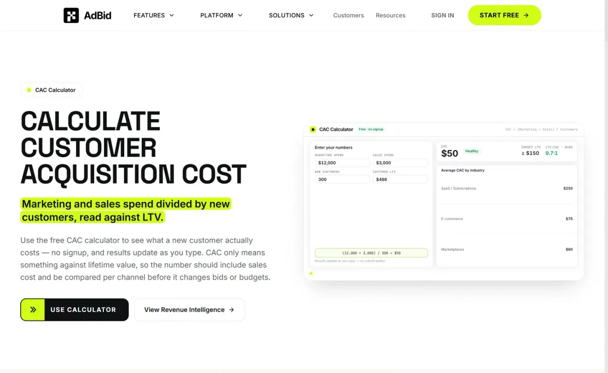 AdBid CAC Calculator with LTV context by channel